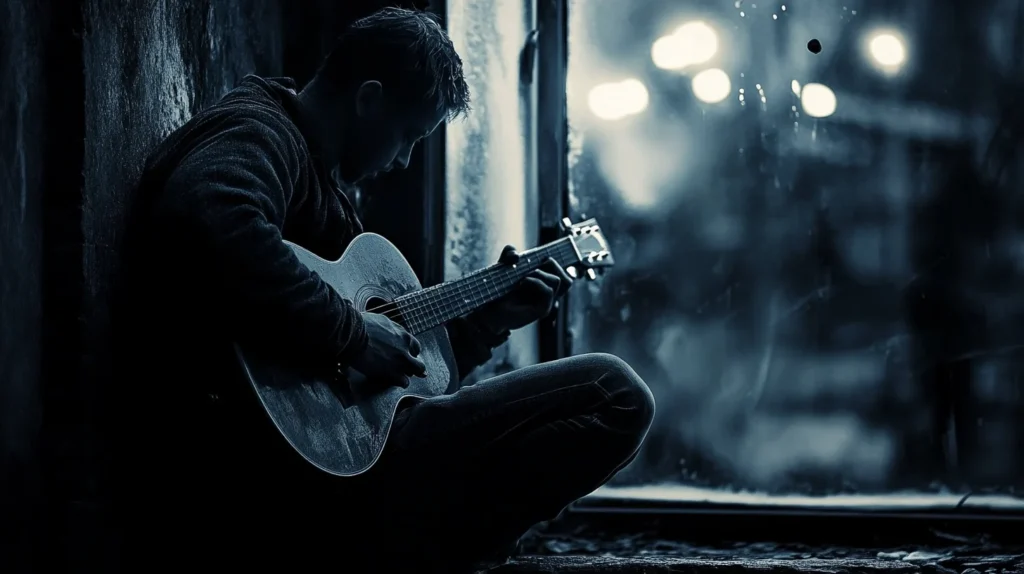 Gloomy guitar playing in a monochrome setting