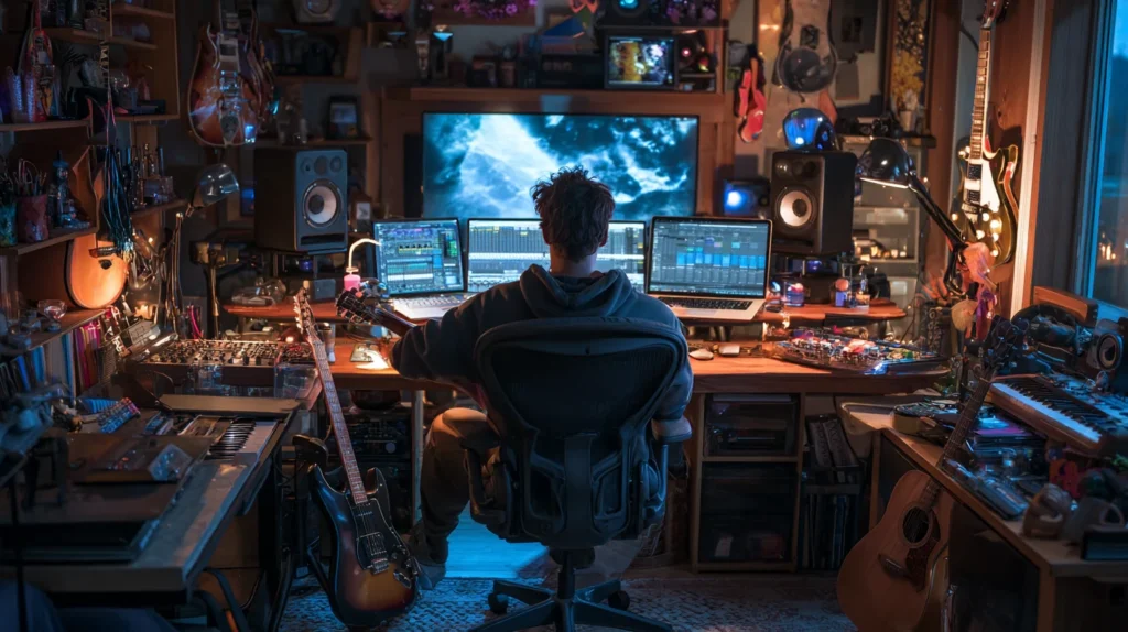 Sitting in front of his computers playing guitar